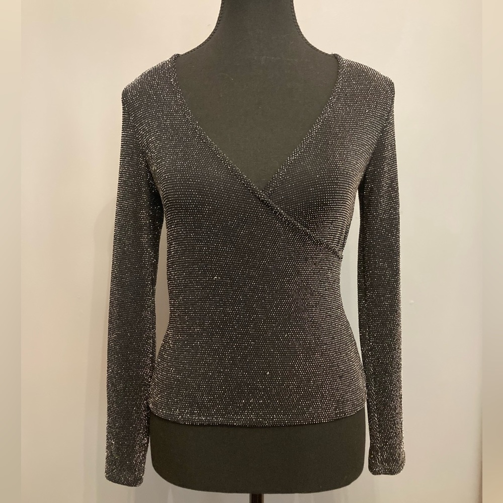 POISON IVY Faux Wrap Top in Black & Metallic Silver, size S
